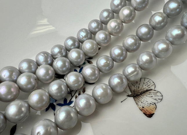 11-12mm Silver Gray Large Hole Semi-Round Freshwater Pearl Beads 2.2mm Hole, Gray Semi Round Pearl, Genuine Freshwater Pearls #50