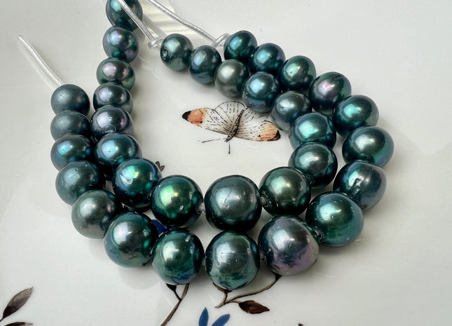 12-14 mm AA Blueish Green Color Freshwater Edison Pearl Beads Genuine Large Hole Edison Pearl Hole Size 2.2mm 16 Beads #P2548