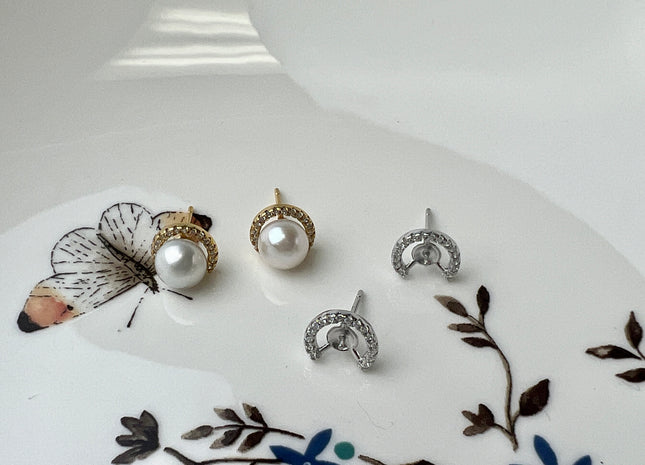 One Pair 925 Sterling Silver/Gold Earring Setting With CZ Letter C Shape Earring Stud Findings For Half Drilled Pearls #10348-O