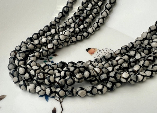 6mm 8mm DZI Tibetan Agate Faceted Round Black And White Football Tibetan Agate Gemstone Loose Beads #4459