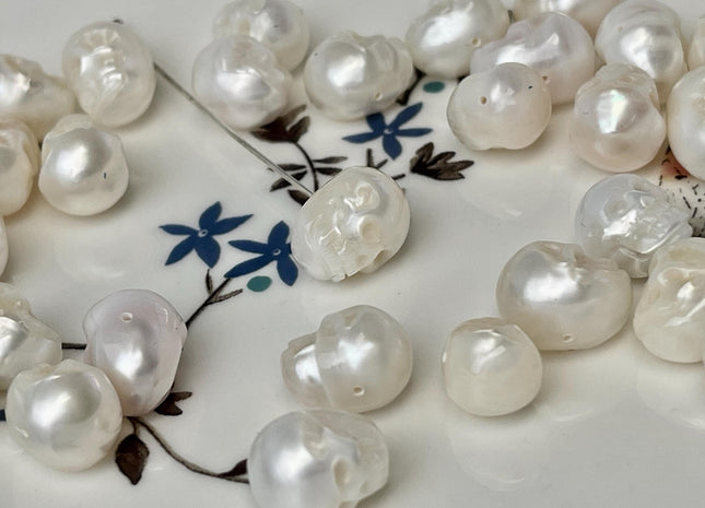 OnePiece 10-11x11-13mm Hand Carved Skull Freshwater Pearl Beads Genuine Natural White Back Half Drilled Pearl For DIY Ring OR Pendant #P1501