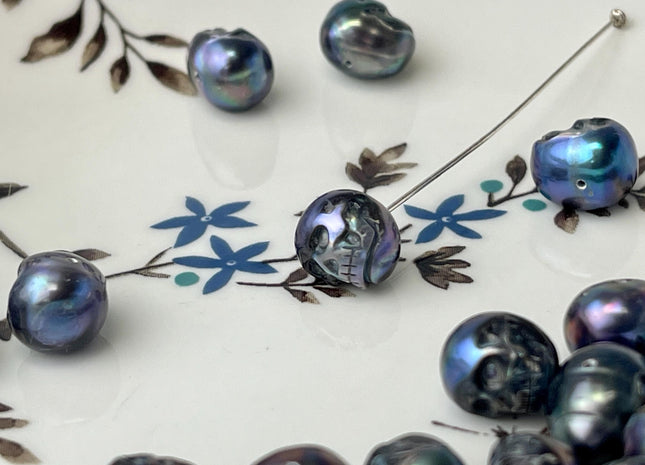 One Piece 8-9x11-12 mm Hand Carved Skull Peacock Genuine Freshwater Pearl Beads Back Half Drilled For DIY Earring Pendant Jewelry #P2554