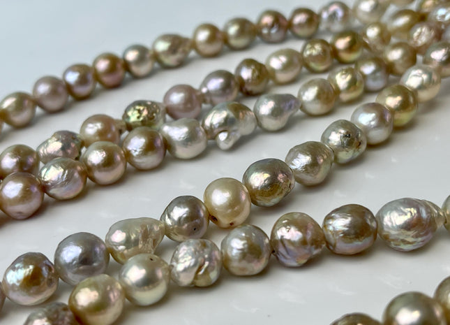 8-10 mm AAA Large Hole Half Strand Natural Seaweed Pink Baroque Pearl Bead Hole Size 2.1mm High Luster With Slightly Gold Sheen #P2556