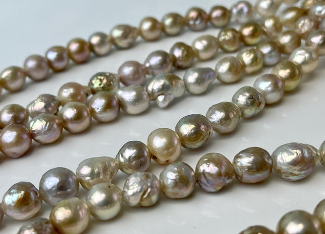 8-10 mm AAA Large Hole Half Strand Natural Seaweed Pink Baroque Pearl Bead Hole Size 2.1mm High Luster With Slightly Gold Sheen #P2556