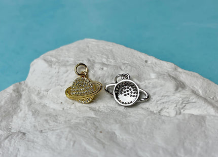 Planet Saturn Design Charms for Necklace Jewelry Making, 18K Gold Filled or Silver Charm Medallion Pendant W/ CZ Crystals, One Piece #CR0074