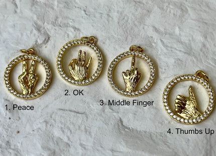 Hand Signs Emojis Design Charms for Necklace Jewelry Making, 18K Gold Filled Charm Pendant With CZ Crystals, One Piece #CR0069