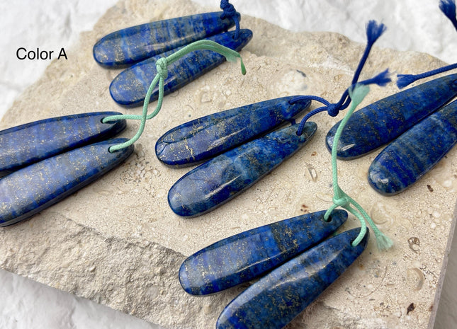 One Pair 12x45 mm Natural Lapis Gemstone Top Drilled Teardrop Cabochon Long Teardrop Matching Blue Color Gemstone Earring Pendant #3336