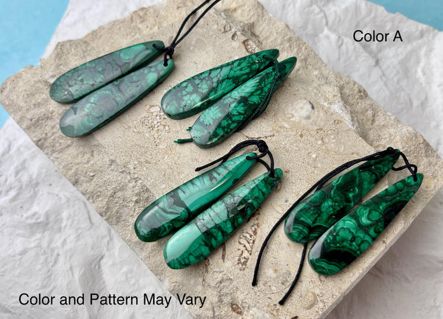 One Pair 12x45 mm Natural Malachite Gemstone Top Drilled Teardrop Cabochon Long Teardrop Matching Green Color Gemstone Earring Pendant #3339