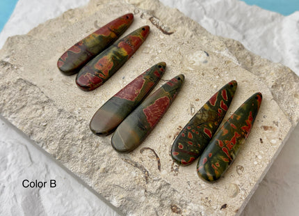One Pair 12x45 mm Natural Red Creek Jasper Gemstone Top Drilled Long Teardrop Cabochon Matching Red Color Gemstone Earring Pendant #3340