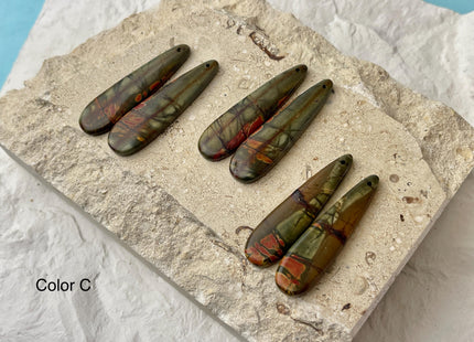 One Pair 12x45 mm Natural Red Creek Jasper Gemstone Top Drilled Long Teardrop Cabochon Matching Red Color Gemstone Earring Pendant #3340