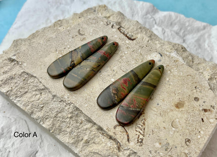 One Pair 12x45 mm Natural Red Creek Jasper Gemstone Top Drilled Long Teardrop Cabochon Matching Red Color Gemstone Earring Pendant #3340