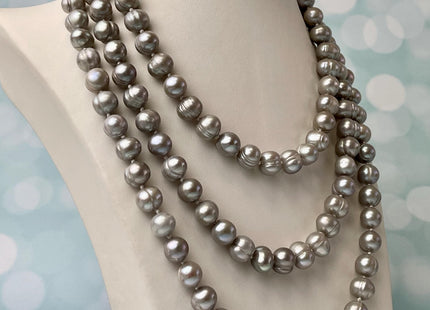54 inch Hand Knotted Freshwater Pearl Necklaces 9-10mm Ringed Genuine Gray Freshwater Pearls Long Gray Pearl Necklace #299