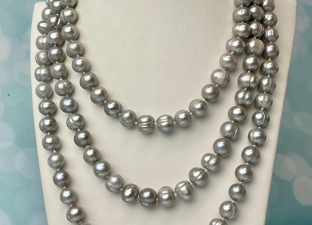 54 inch Hand Knotted Freshwater Pearl Necklaces made of 9mm Ringed Genuine Gray Freshwater Pearls, Long Gray Pearl Necklace #299