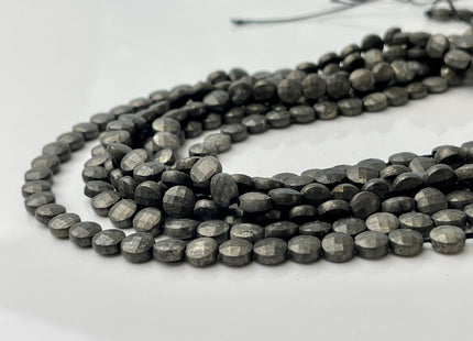 6 mm Micro Faceted Diamond Cut Pyrite Flat Coin Disc Shape Gemstone Beads Genuine Natural Gray and Golden Black Color 15 Inches Strand #4480
