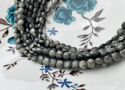 6 mm Micro Faceted Diamond Cut Pyrite Flat Coin Disc Shape Gemstone Beads Genuine Natural Gray and Golden Black Color 15 Inches Strand #4480
