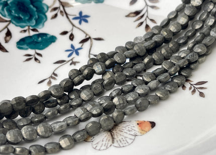 6 mm Micro Faceted Diamond Cut Pyrite Flat Coin Disc Shape Gemstone Beads Genuine Natural Gray and Golden Black Color 15 Inches Strand #4480