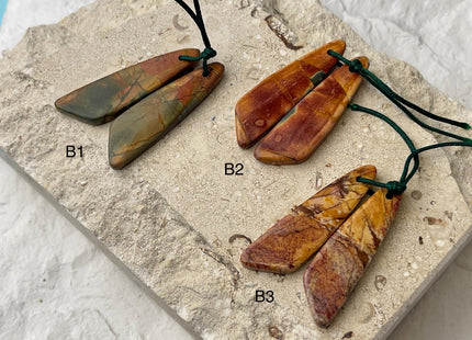 One Pair 12x44 mm Natural Picasso Jasper Top Drilled Freeform Cabochon Long Drop Matching Leaf Shape Jasper Gemstone Earring Pendant #3343