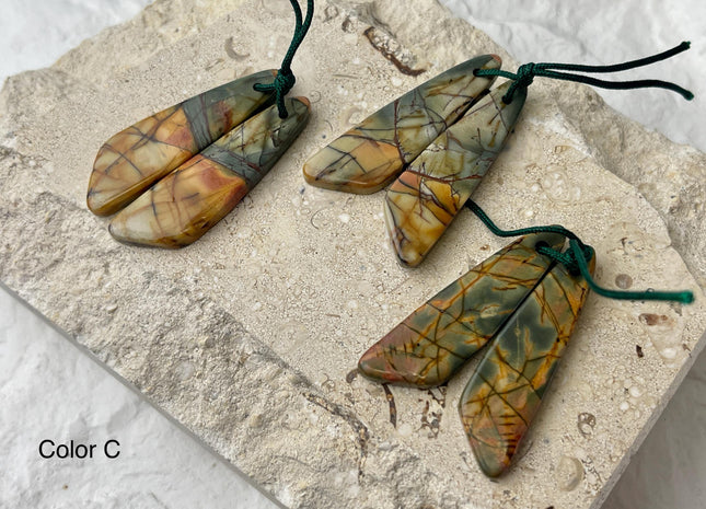 One Pair 12x44 mm Natural Picasso Jasper Top Drilled Freeform Cabochon Long Drop Matching Leaf Shape Jasper Gemstone Earring Pendant #3343