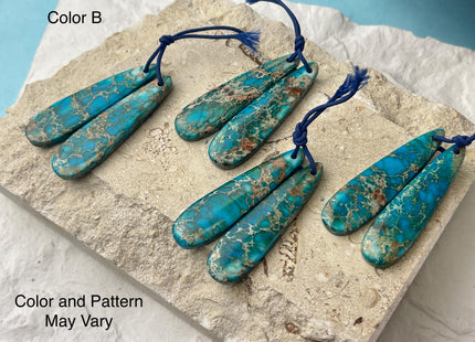 One Pair 12x45 mm Natural Impression Jasper Gemstone Top Drilled Long Teardrop Cabochon Matching Blue Color Gemstone Earring Pendant #3347