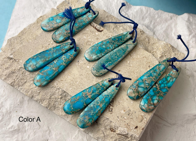 One Pair 12x45 mm Natural Impression Jasper Gemstone Top Drilled Long Teardrop Cabochon Matching Blue Color Gemstone Earring Pendant #3347