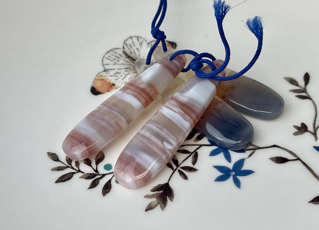 One Pair 12x45 mm Natural Pink Lace Agate Gemstone Top Drilled Teardrop Cabochon Long Teardrop Matching Color Gem Earring Pendant #3349