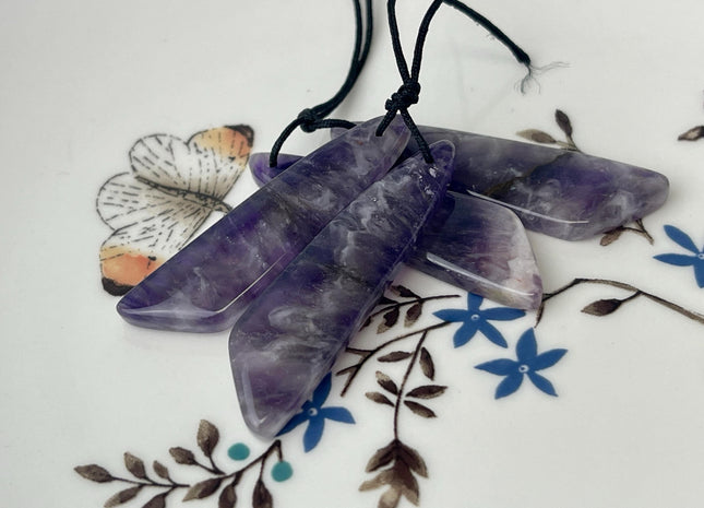 One Pair 12x44 mm Natural Amethyst Top Drilled Freeform Cabochon Long Drop Matching Leaf Shape Mixed Purple Gemstone Earring Pendant #3352