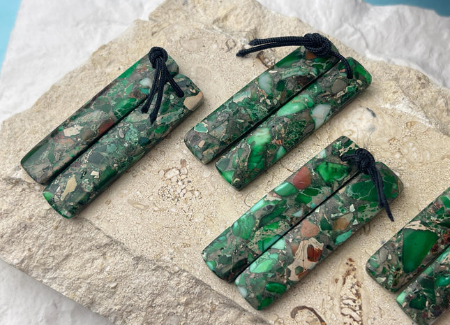 One Pair 10x47 mm Natural Chrysocolla Top Drilled Rectangle Cabochon Long Rectangle Matching Mixed Green Gemstone Earring Pendant #3355