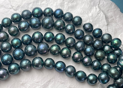 11-12x13-15 mm AA Large Hole Half Strand Green Peacock Round Edison Freshwater Pearls Hole Size 2.1mm Genuine Edison Pearl 16 Pieces #P2584