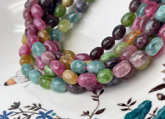 7x11 mm Multi Purple Blue Green Yellow Color Dyed Jade Gemstone Beads Multi Color Pebble Nugget Shape Loose Beads 15.5 Inches Strand #4484