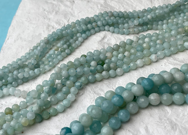 3.5mm 4.5mm 6.5mm AAA Faceted Round Natural Amazonite Gemstone Beads Natural Blue Green Color Tiny Amazonite Beads 15.5 Inches #4498