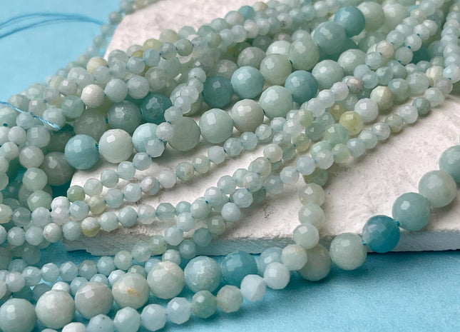 3.5mm 4.5mm 6.5mm AAA Faceted Round Natural Amazonite Gemstone Beads Natural Blue Green Color Tiny Amazonite Beads 15.5 Inches #4498