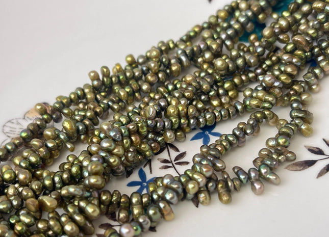 3x5-7 mm Peanut Shape Olive green Color W/Gold Sheen Top Drilled Freshwater Pearl Beads Genuine Small Freshwater Pearls #P2610
