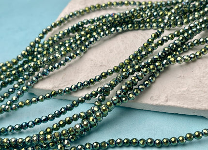 2mm 3mm 4mm Shiny Hematite Pyrite Beads Silver Gold Bronze Rainbow Rhodium Color Faceted Round Metallic Titanium Beads 15.5 Inches #4504