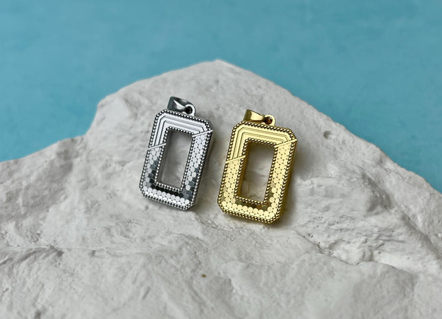 O Rectangular Charm for Necklace Jewelry Making, 18K Gold Filled Silver Charm Pendant, Antique Spotted Rectangular Charms, One Piece #CR0072