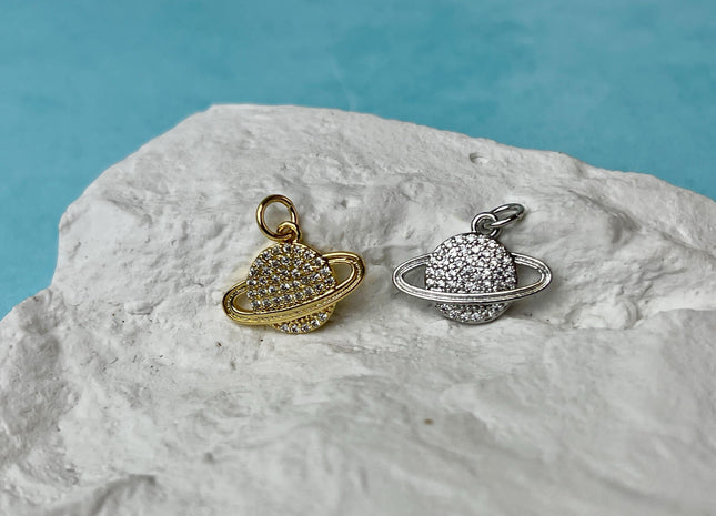 Planet Saturn Design Charms for Necklace Jewelry Making, 18K Gold Filled or Silver Charm Medallion Pendant W/ CZ Crystals, One Piece #CR0074