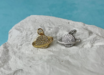 Planet Saturn Design Charms for Necklace Jewelry Making, 18K Gold Filled or Silver Charm Medallion Pendant W/ CZ Crystals, One Piece #CR0074