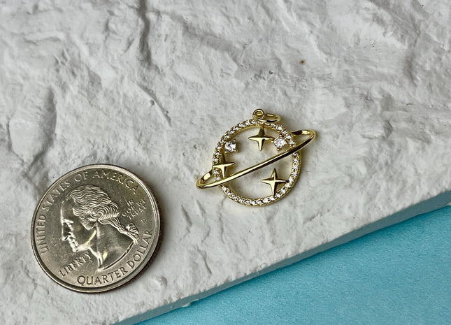 Planet Stars Design Charms for Necklace Jewelry Making, 18K Gold Filled or Silver Charm Medallion Pendant W/ CZ Crystals, One Piece #CR0076