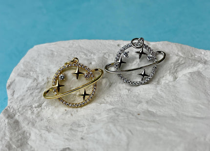 Planet Stars Design Charms for Necklace Jewelry Making, 18K Gold Filled or Silver Charm Medallion Pendant W/ CZ Crystals, One Piece #CR0076