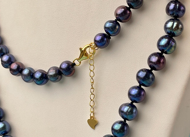 14/16/18/20/22/24 Inches Hand Knotted 9 mm Rainbow Peacock Color Potato Freshwater Pearl Necklace With Silver or Gold Clasp #P2637