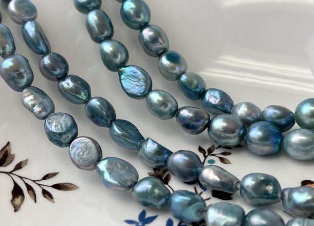 9-10x10-13 mm AAA Teal Blue Color Freshwater Pearl Beads Genuine Large Hole 2.1mm Smooth And High Luster Nugget Pearls #P2562