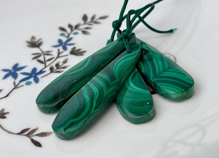 One Pair 12x45 mm Natural Malachite Gemstone Top Drilled Teardrop Cabochon Long Teardrop Matching Green Color Gemstone Earring Pendant #3338