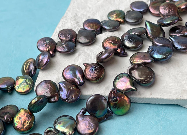 12x13 mm Rainbow Peacock Color Top Drilled Teardrop Coin Freshwater Pearl Beads Genuine Cultured Coin Pearl #P2649