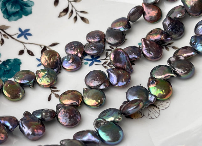 12x13 mm Rainbow Peacock Color Top Drilled Teardrop Coin Freshwater Pearl Beads Genuine Cultured Coin Pearl #P2649
