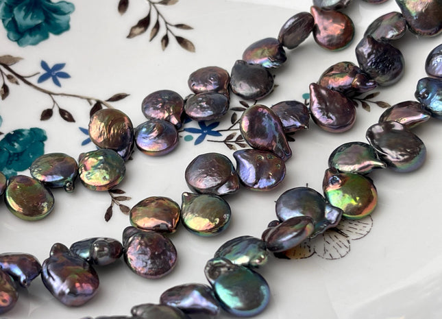 12x13 mm Rainbow Peacock Color Top Drilled Teardrop Coin Freshwater Pearl Beads Genuine Cultured Coin Pearl #P2649