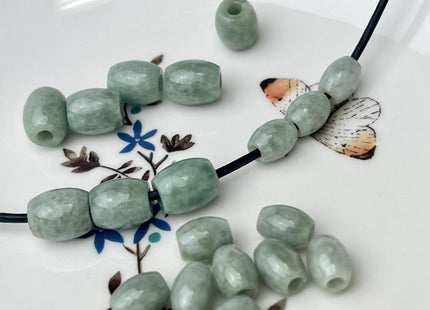 Two Pieces 7.5x9mm 10x12mm Natural Color Large Hole Smooth Barrel Shape Burmese Jade Beads 3.0mm Hole Natural Green Burmese Jade #4476