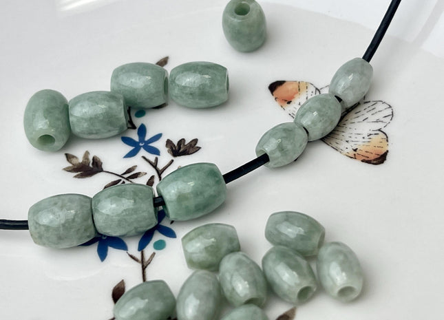 Two Pieces 7.5x9mm 10x12mm Natural Color Large Hole Smooth Barrel Shape Burmese Jade Beads 3.0mm Hole Natural Green Burmese Jade #4476