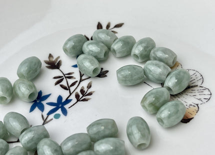 Two Pieces 7.5x9mm 10x12mm Natural Color Large Hole Smooth Barrel Shape Burmese Jade Beads 3.0mm Hole Natural Green Burmese Jade #4476