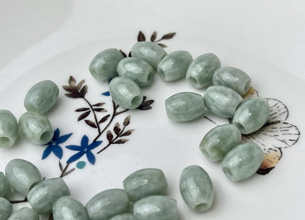 Two Pieces 7.5x9mm 10x12mm Natural Color Large Hole Smooth Barrel Shape Burmese Jade Beads 3.0mm Hole Natural Green Burmese Jade #4476