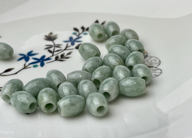 Two Pieces 7.5x9mm 10x12mm Natural Color Large Hole Smooth Barrel Shape Burmese Jade Beads 3.0mm Hole Natural Green Burmese Jade #4476