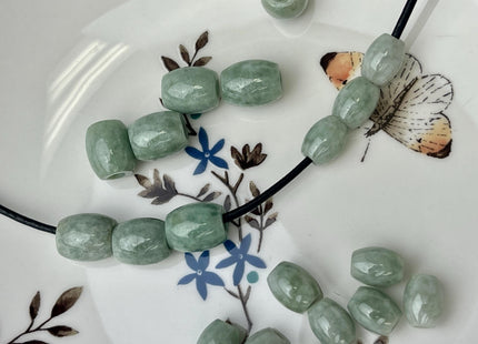 Two Pieces 7.5x9mm 10x12mm Natural Color Large Hole Smooth Barrel Shape Burmese Jade Beads 3.0mm Hole Natural Green Burmese Jade #4476